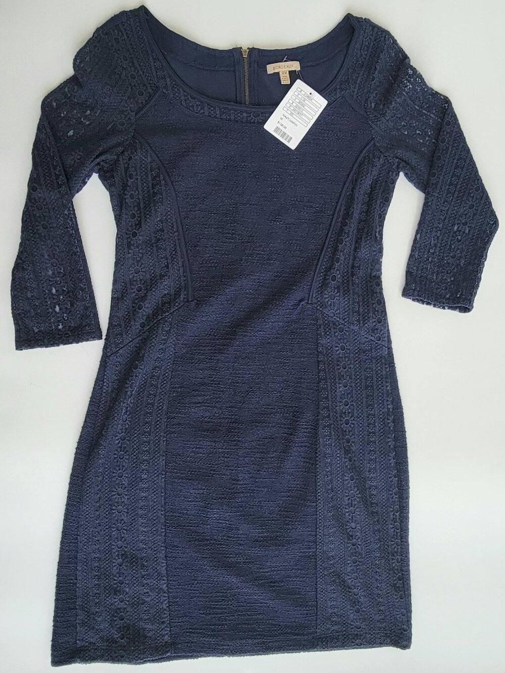 Anthropologie Bordeaux Blue Dress Size M - 3/4 Lace Sleeve & Accents NWT